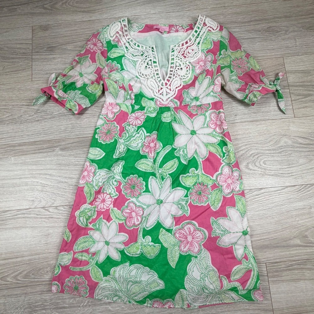 Lilly Pulitzer Pink Green Floral Lace Neck Shift Dress Women Size 2 Short Sleeve